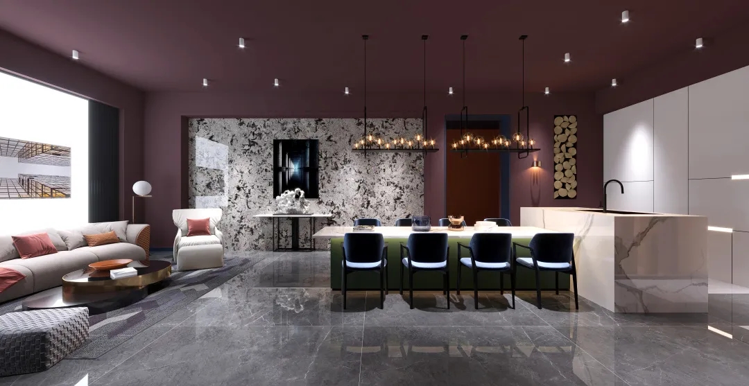 欧博ABG和地砖混搭厨房效果图