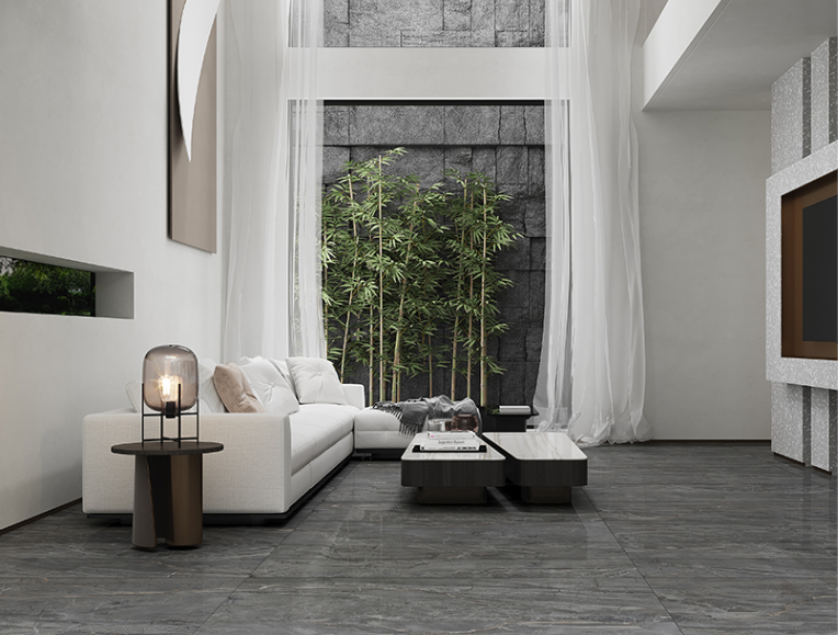 欧博ABG岩板新中式客厅地砖装修效果图